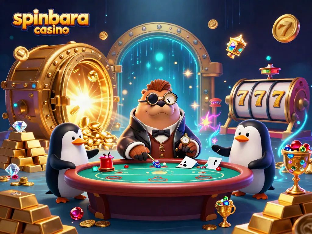 Experience the thrill of Spinbara Casino with our vibrant underwater poker scene featuring a jolly walrus and his quirky companions.